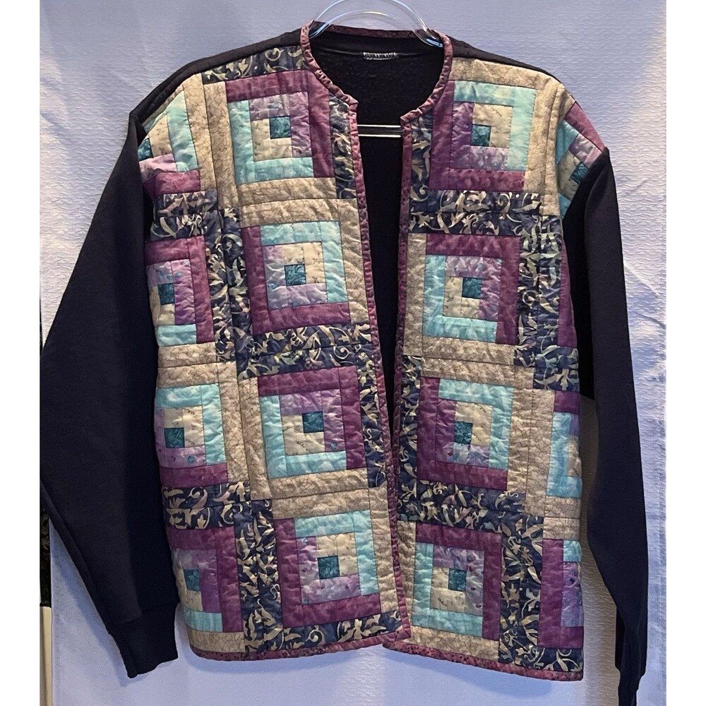VTG Patchwork Quilted Handmade Open Cardigan Womens XL+ Grandmachic Cottage Blue